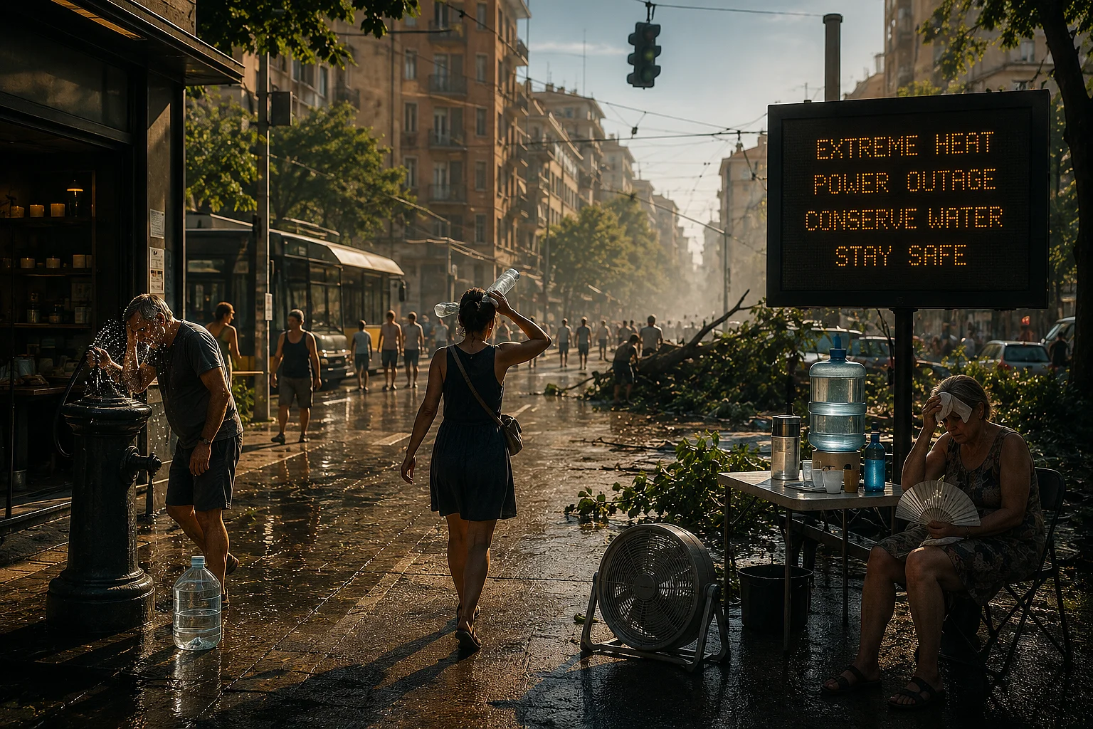 Eine von extremer Hitze geprägte Stadtstraße zeigt die Auswirkungen eines länger andauernden Stromausfalls. Menschen versuchen sich mit Wasser und einfachen Hilfsmitteln vor der Hitze zu schützen, während umgestürzte Äste und eine eingeschränkte Infrastruktur die Belastung der Situation verdeutlichen. Die Szene ist als symbolisches Zukunftsszenario gestaltet und verweist auf Forschung zu Risiko- und Krisenbildung, Klimafolgenanpassung, Bevölkerungsschutz sowie der Stärkung individueller und gesellschaftlicher Resilienz.