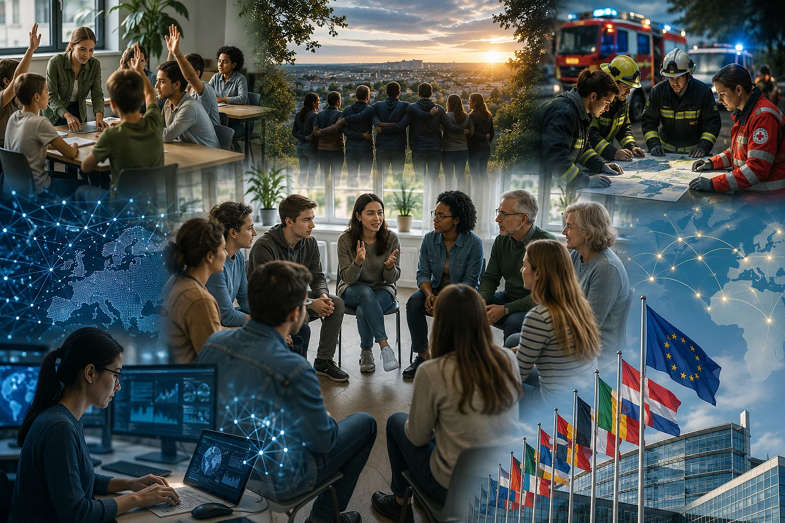Collage mit sechs Szenen, die die Arbeit einer interdisziplinären Forschungsgruppe veranschaulichen: Menschen diskutieren in Bildungs- und Forschungskontexten, Einsatzkräfte planen einen Katastrophenschutzeinsatz, eine Gruppe steht als Symbol für gesellschaftlichen Zusammenhalt zusammen, eine Person arbeitet an digitalen Analysen mit KI, und eine Europakarte sowie Flaggen stehen für internationale Bildungs- und Forschungskooperationen