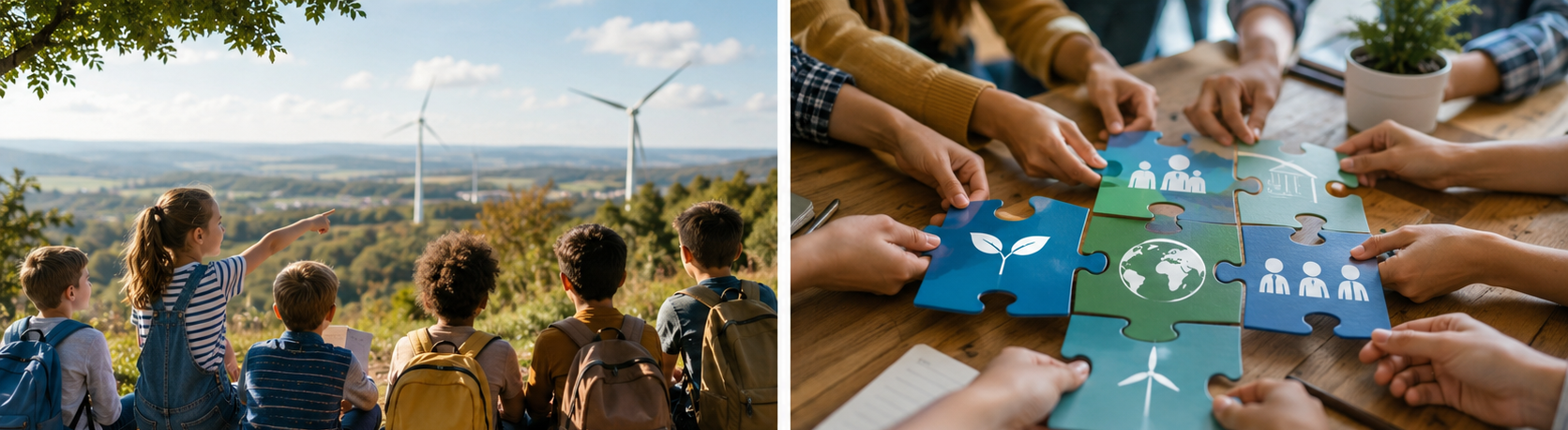 Vier Bildmotive symbolisieren die Forschungsschwerpunkte der Arbeitsgruppe ‚Resilienz und Nachhaltigkeit in Bildung und Gesellschaft‘: Kinder erkunden eine nachhaltige Energielandschaft, Menschen entwickeln gemeinsam Lösungen für gesellschaftliche Herausforderungen, eine moderierte Lerngruppe diskutiert demokratische Teilhabe und Zukunftskompetenzen sowie digitale Technologien unterstützen Forschung, Nachhaltigkeit und Wissenstransfer.