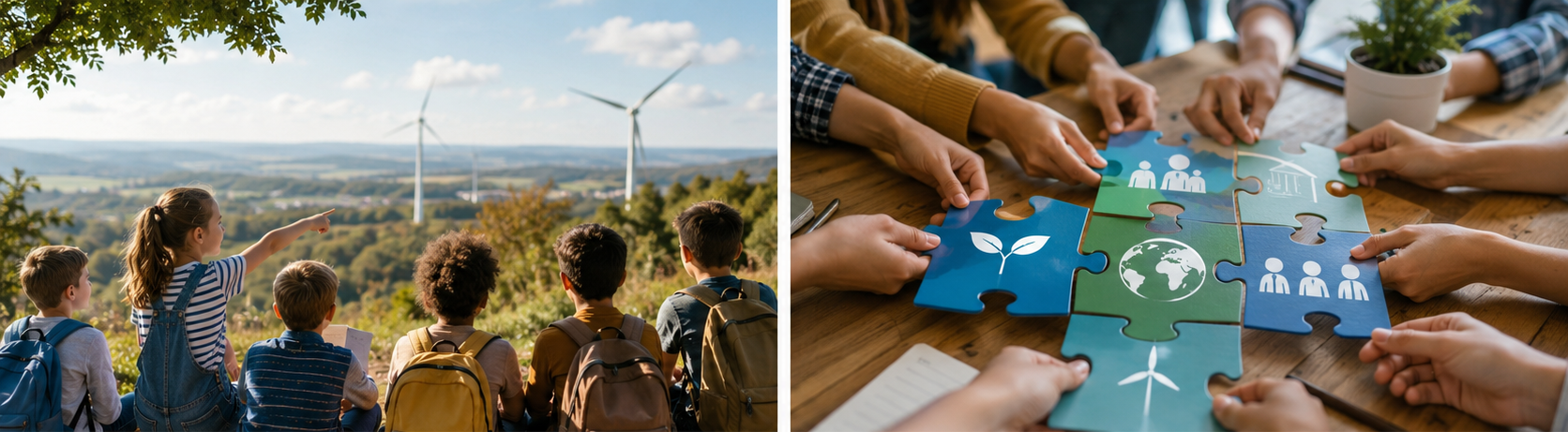 Vier Bildmotive symbolisieren die Forschungsschwerpunkte der Arbeitsgruppe ‚Resilienz und Nachhaltigkeit in Bildung und Gesellschaft‘: Kinder erkunden eine nachhaltige Energielandschaft, Menschen entwickeln gemeinsam Lösungen für gesellschaftliche Herausforderungen, eine moderierte Lerngruppe diskutiert demokratische Teilhabe und Zukunftskompetenzen sowie digitale Technologien unterstützen Forschung, Nachhaltigkeit und Wissenstransfer.