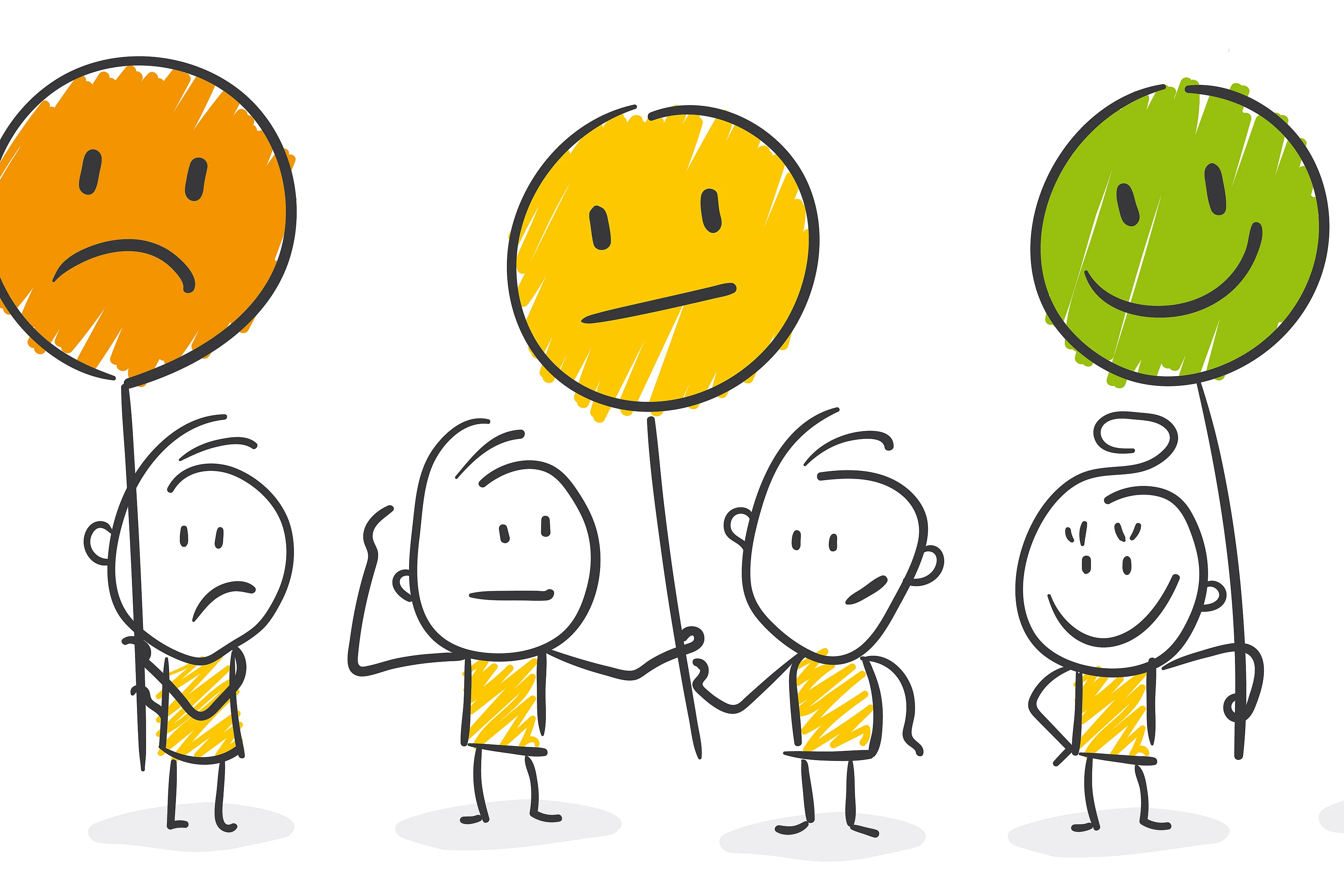 Psychosoziale Gesundheit Strichmännchen mit Smiley Schildern