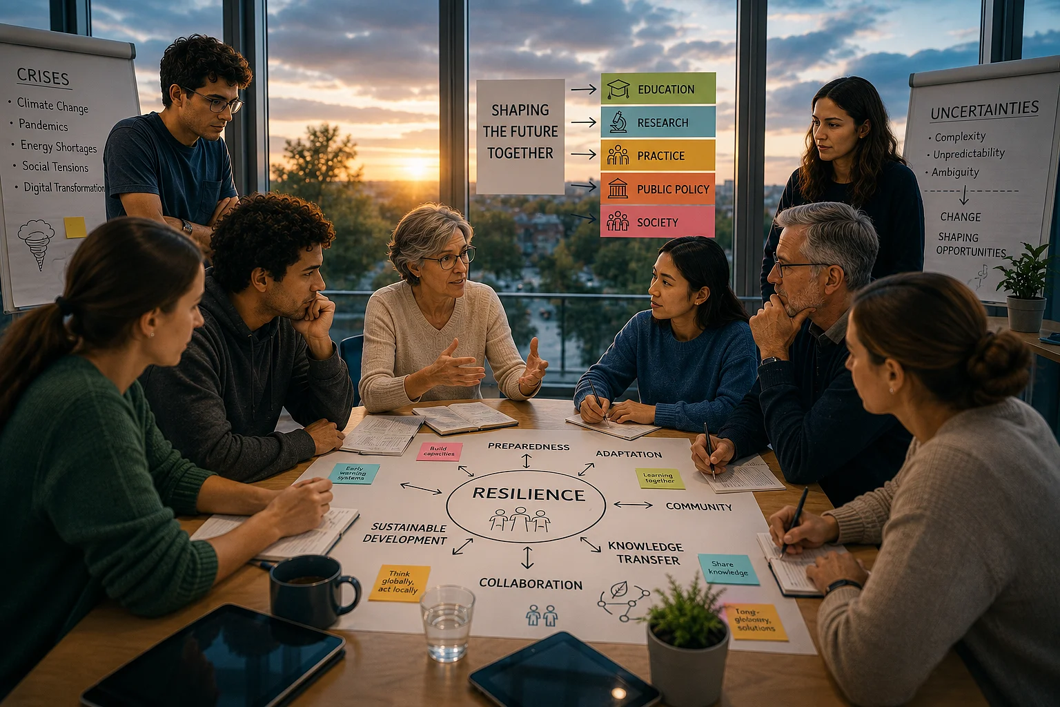 Eine interdisziplinäre Gruppe von Forschenden diskutiert in einem modernen Besprechungsraum Strategien zur Stärkung von Resilienz angesichts gesellschaftlicher Krisen und Transformationsprozesse. Diagramme und Visualisierungen symbolisieren die Verbindung von Bildung, Forschung, Wissenstransfer, Nachhaltigkeit und gemeinsamer Zukunftsgestaltung.