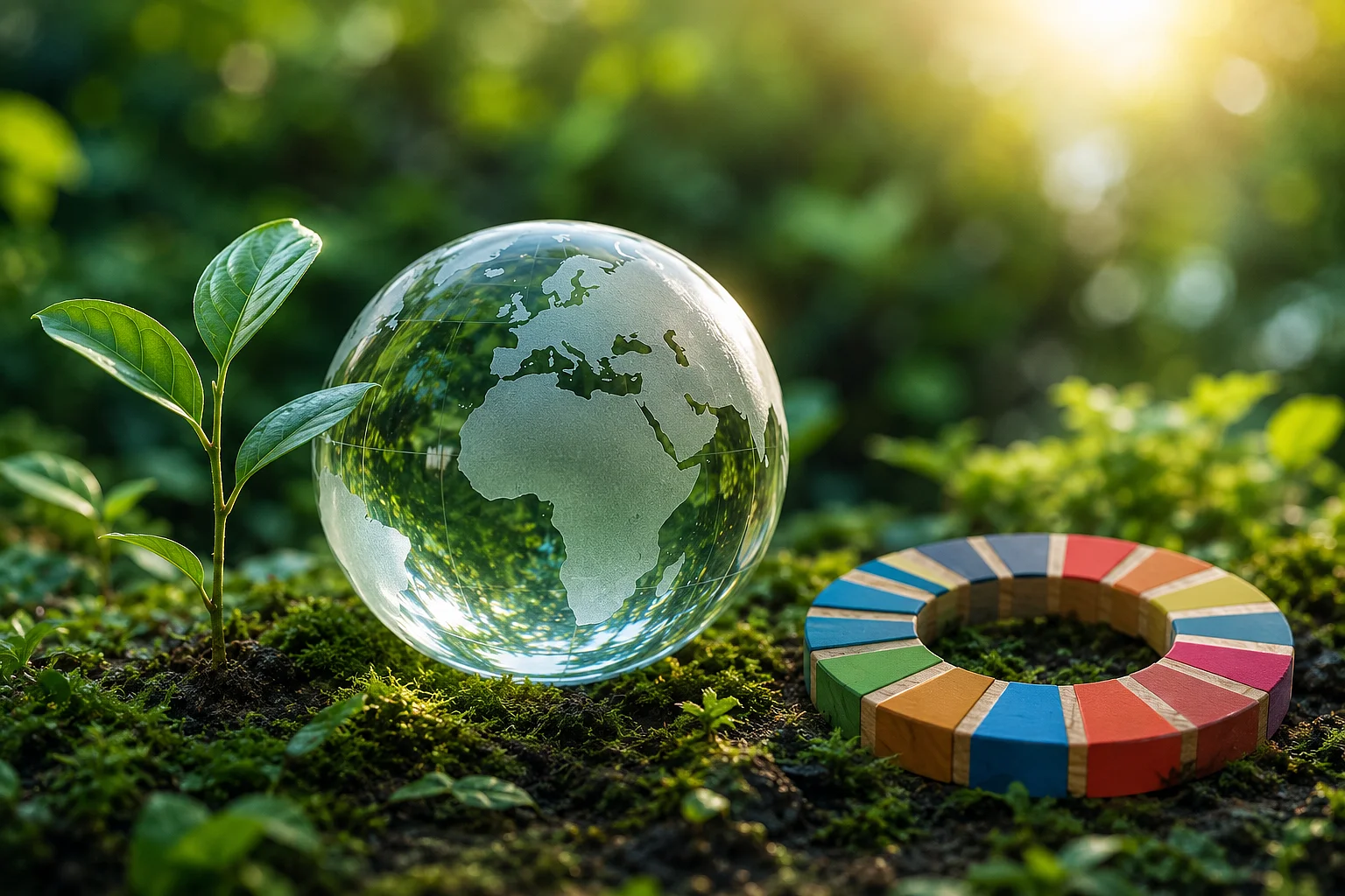 Eine transparente Erdkugel aus Glas steht neben einem jungen Setzling auf moosigem Waldboden. Daneben liegt ein farbiger Holzring als Symbol für Kreislaufdenken und nachhaltige Entwicklung. Das Bild steht für Bildung für nachhaltige Entwicklung (BNE), die nachhaltige Teilhabe am System Erde und den verantwortungsvollen Umgang mit natürlichen Lebensgrundlagen.