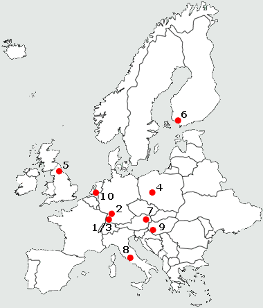Landkarte Europa mit Markierungen der beteiligten Institutionen im Projekt