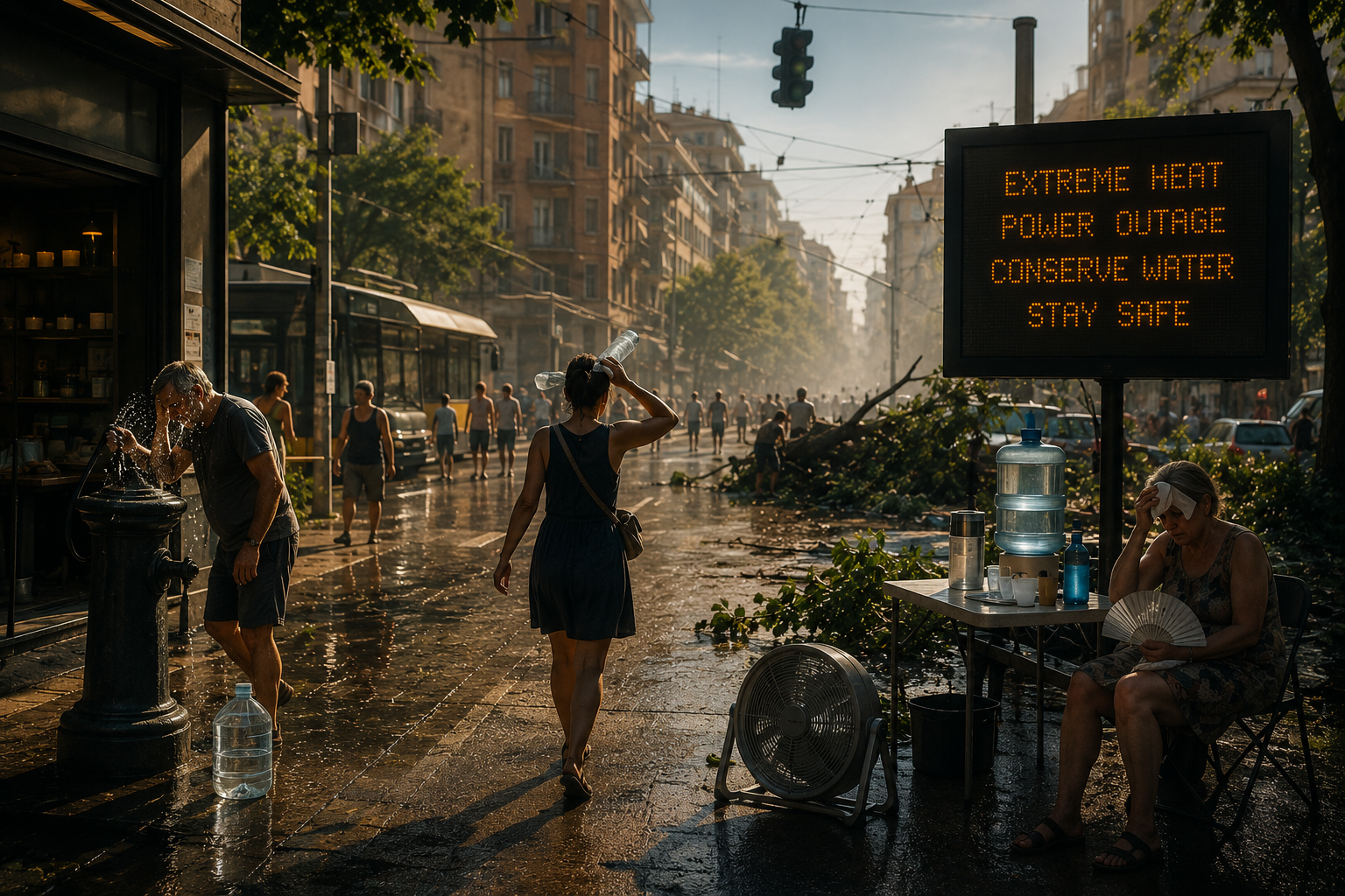 [Translate to English:] Eine von extremer Hitze geprägte Stadtstraße zeigt die Auswirkungen eines länger andauernden Stromausfalls. Menschen versuchen sich mit Wasser und einfachen Hilfsmitteln vor der Hitze zu schützen, während umgestürzte Äste und eine eingeschränkte Infrastruktur die Belastung der Situation verdeutlichen. Die Szene ist als symbolisches Zukunftsszenario gestaltet und verweist auf Forschung zu Risiko- und Krisenbildung, Klimafolgenanpassung, Bevölkerungsschutz sowie der Stärkung individueller und gesellschaftlicher Resilienz.