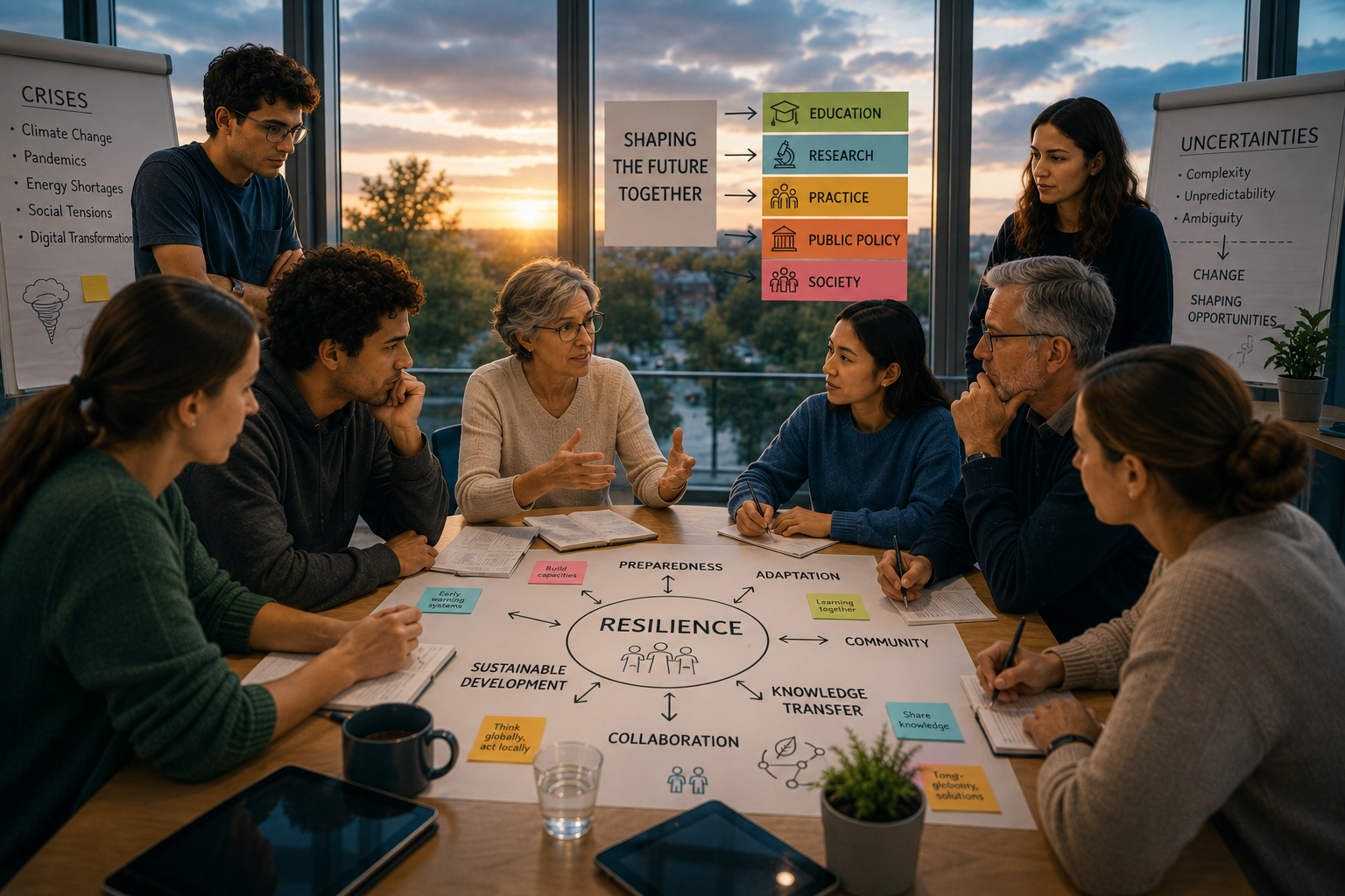 Eine interdisziplinäre Gruppe von Forschenden diskutiert in einem modernen Besprechungsraum Strategien zur Stärkung von Resilienz angesichts gesellschaftlicher Krisen und Transformationsprozesse. Diagramme und Visualisierungen symbolisieren die Verbindung von Bildung, Forschung, Wissenstransfer, Nachhaltigkeit und gemeinsamer Zukunftsgestaltung.