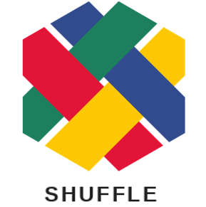 Das Logo des SHUFFLE Projektes. Das Logo besteht aus einem Hexagon aus vier Streifen in den Farben Rot, Gelb, Blau und Grün.