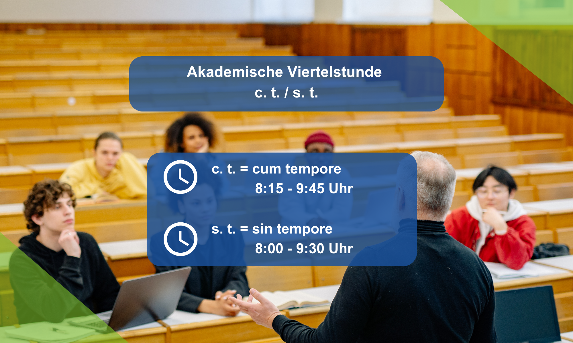 Was ist die Akademische Viertelstunde  c. t. / s. t.? c. t. = cum tempore  also bspw.  8:15 - 9:45 Uhr, s. t. = sin tempore    bspw.       8:00 - 9:30 Uhr
